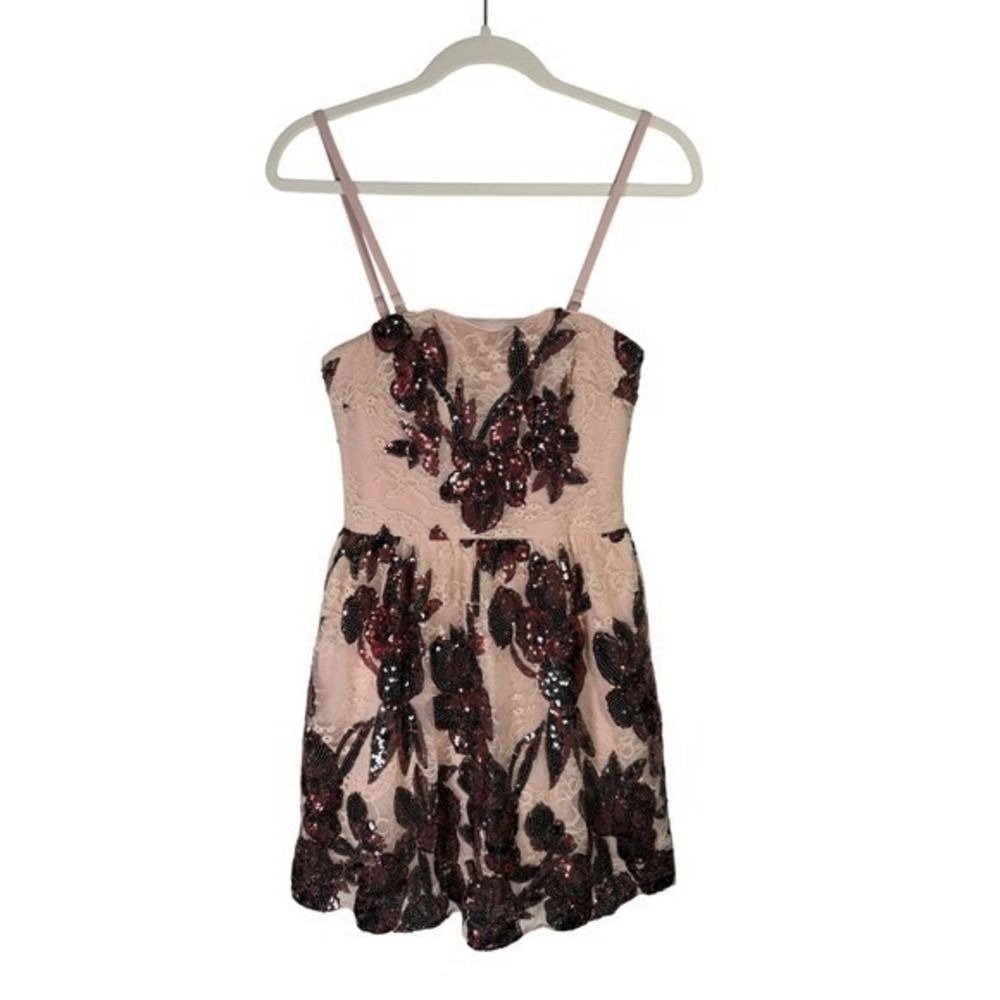 Dress The Population Sample Sequin Lace Floral Mini Dress Blush Burgundy Small